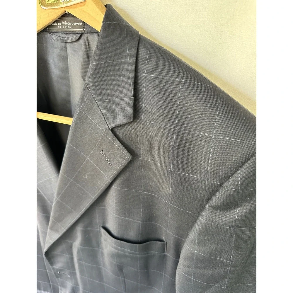Bill Blass Blazer Windowpane Worsted Wool Mens 46R Navy Blue Excellent